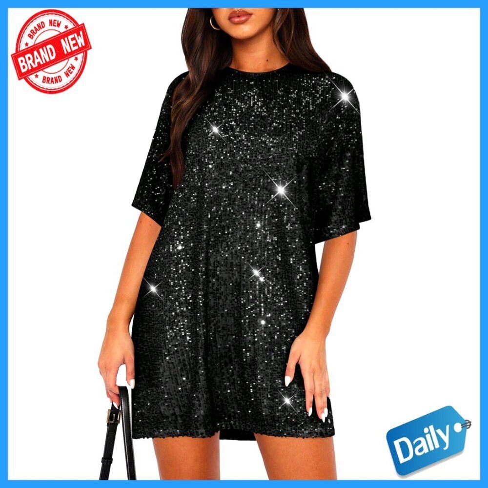 Sequin Sparkly Short Sleeve Tunic Dress Loose Glitter Cocktail Party Mini